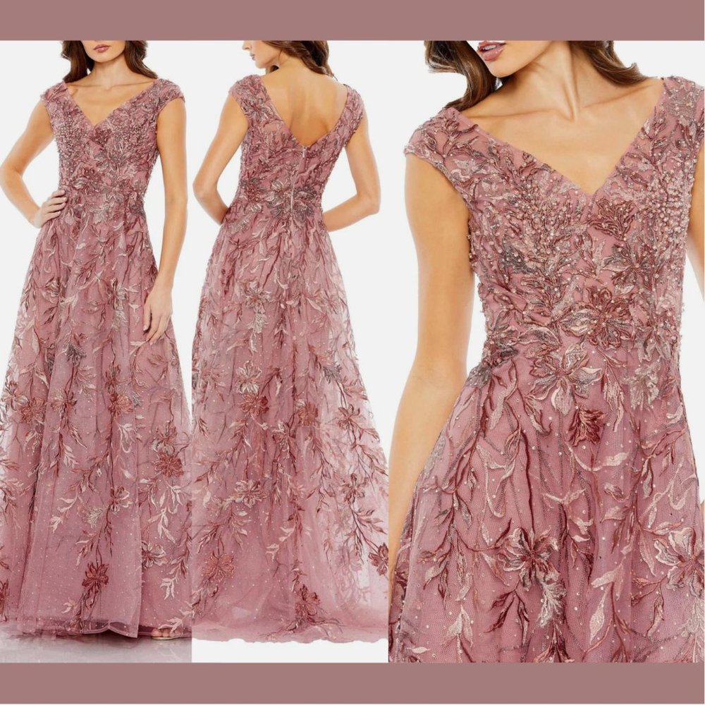 NWT $798 Mac Duggal [ 8 ] Embroidered Illusion Cap Sleeve‎ A Gown Cinnamon Pink